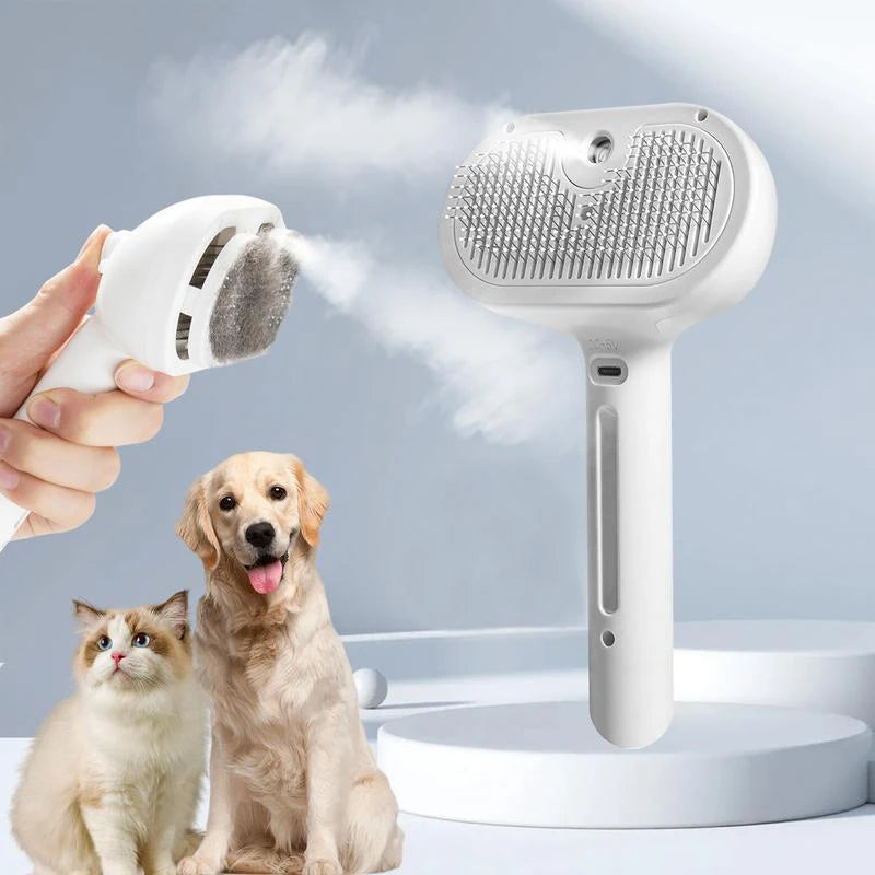Peigne Vapeur Massant pour Chiens et Chats – Tête Ronde Sécurisée, Dents Souples & Spray Hydratant | Brosse Universelle Anti-Noeuds