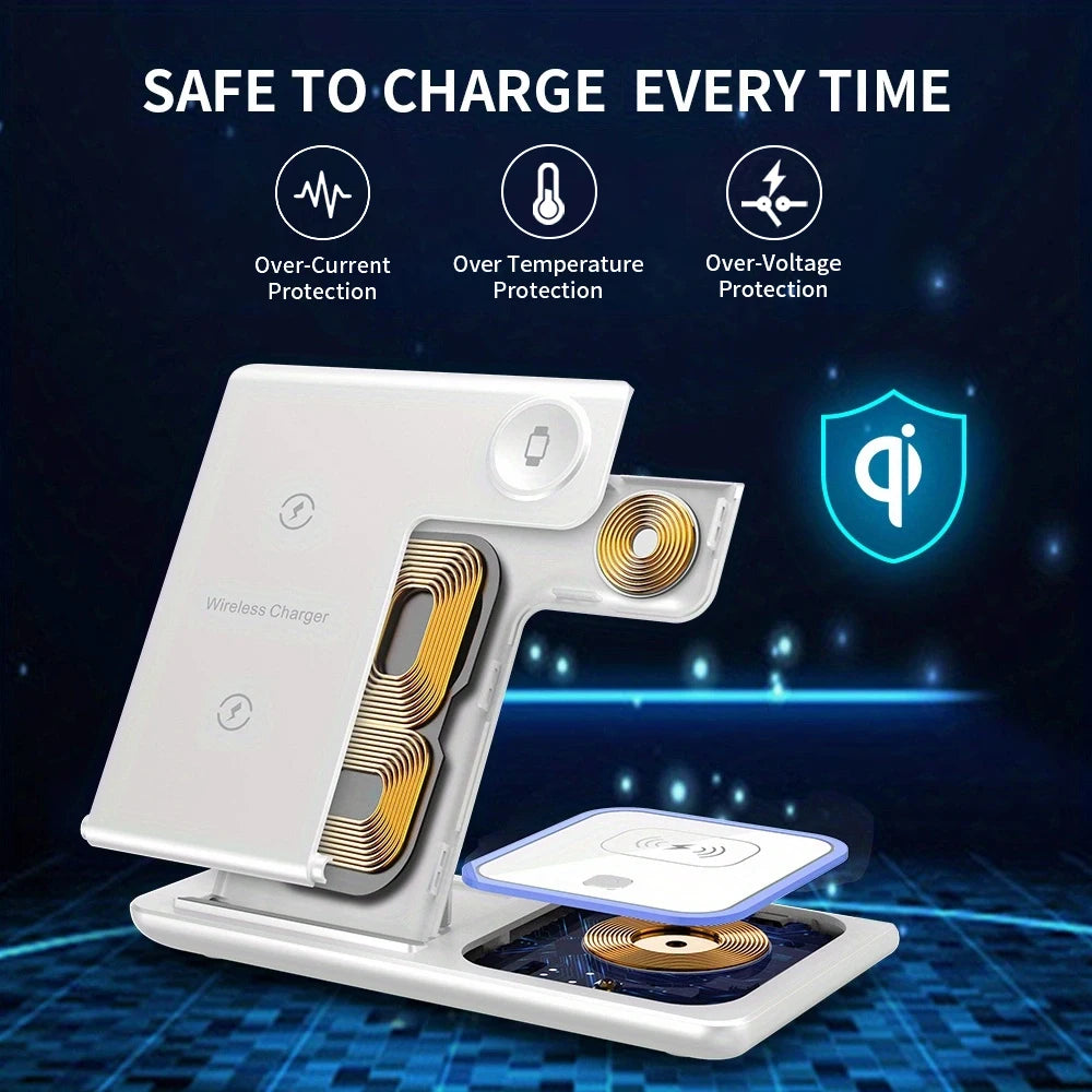 Chargeur sans fil 3 en 1 LED Light Support de téléphone pour iPhone 15 14 13 12 iWatch 8 7 6 AirPods Station de charge rapide pliable