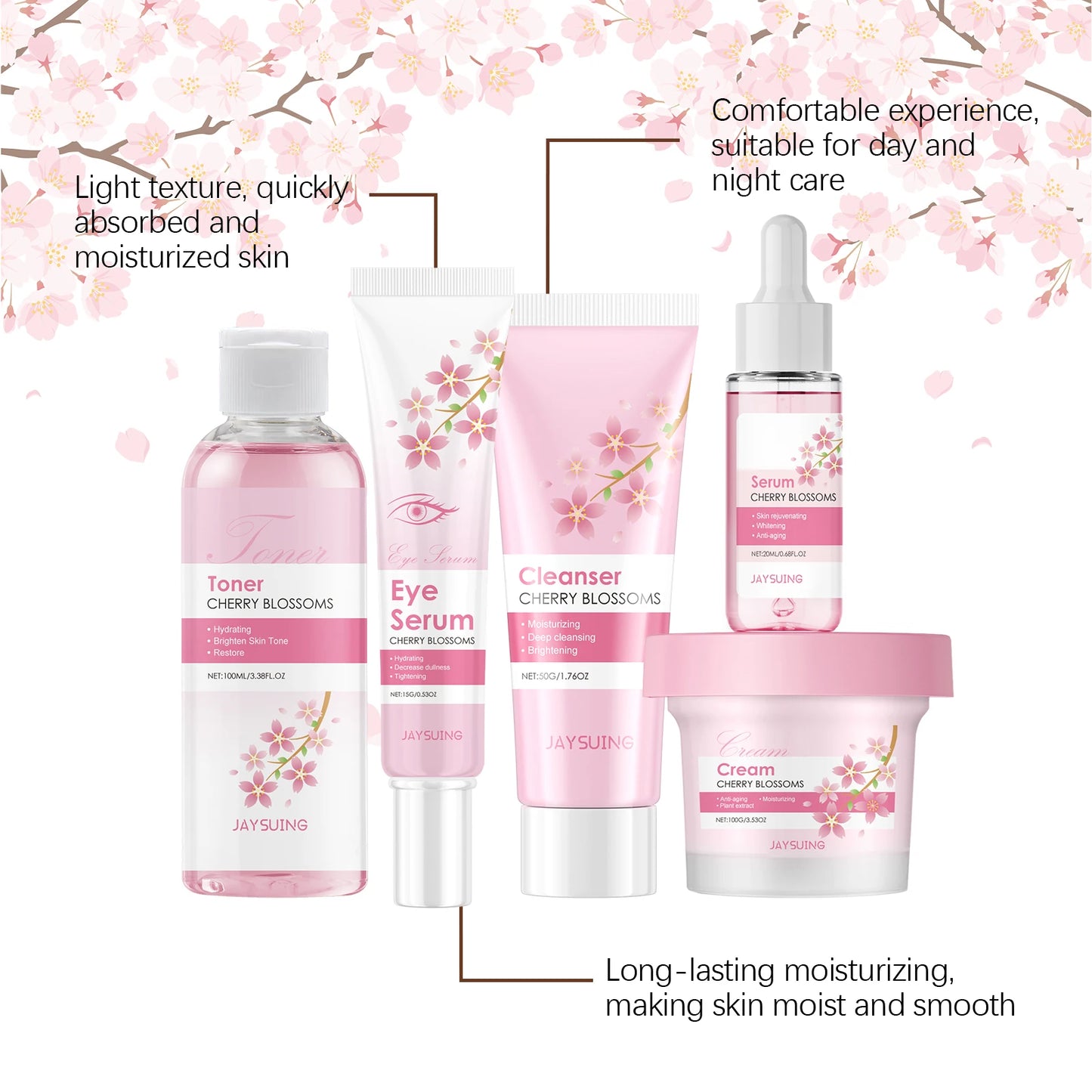 Sakura Skincare Set Crème hydratante pour le visage Sérum Toner Nettoyant pour le visage Crème pour les yeux Kit de soins du visage éclaircissant anti-rides pour femmes