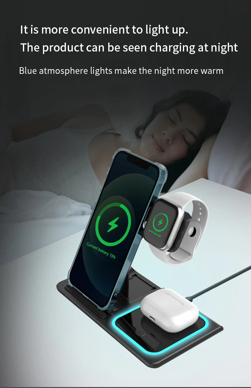 Chargeur sans fil 3 en 1 LED Light Support de téléphone pour iPhone 15 14 13 12 iWatch 8 7 6 AirPods Station de charge rapide pliable