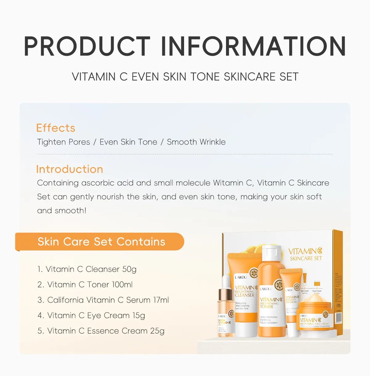 LAIKOU Ensemble de produits de soins de la peau de la série Vitamin C Ensemble de soins de la peau hydratante de 5 pièces Nettoyant Toner Essence Crème pour les yeux et crème pour le visage