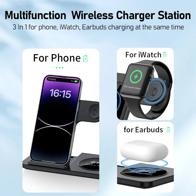 Support de chargeur sans fil pliable 3 en 1 pour iPhone 15 14 13 12 Pro Max Mini iWatch AirPods 3/2 Support de station de charge rapide