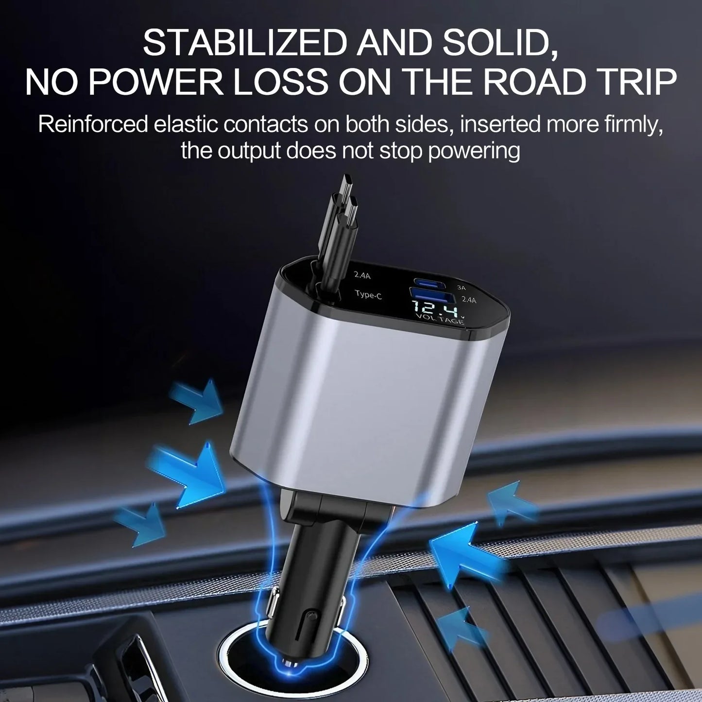 Chargeur de voiture rétractable 4 en 1 Chargeur de voiture à charge rapide avec câble USB de type C et 2 ports de charge de type C, chargeur de voiture universel
