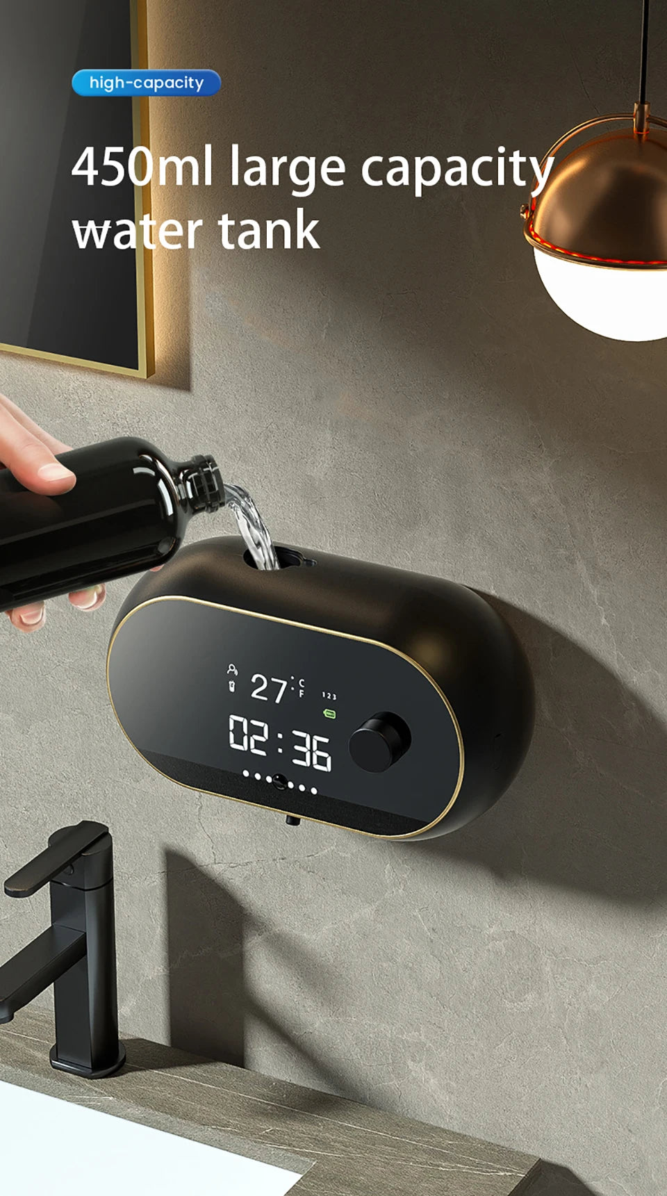 Distributeur automatique de savon en mousse sans contact Affichage de la température de l’heure Charge USB Distributeur de savon liquide à induction automatique étanche