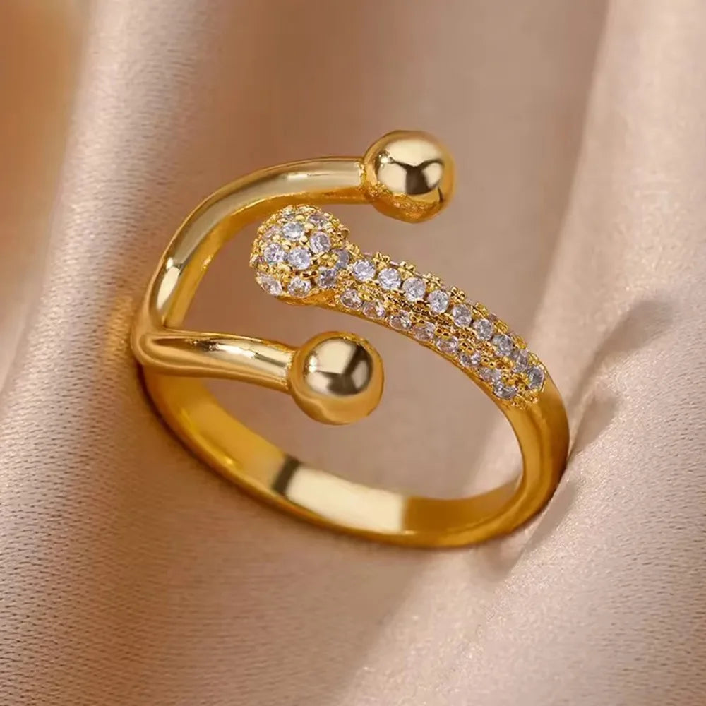 Bague ouverte ajustable en zircon micro-incrusté tendance, bague fer à cheval en or chic, bague minimaliste en cuivre pour femme.