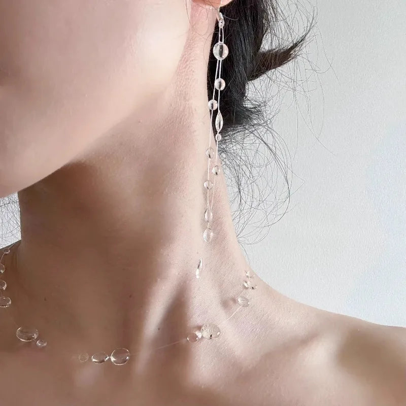 Collier et boucles d'oreilles en forme de goutte d'eau transparente, minimaliste