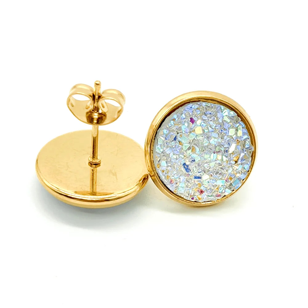 Gold Plated Artificial Druze Earrings for Women Teens,Stainless Steel Drusy Stone Stud Earring,Kpop Y2K Jewelry,Party Gifts
