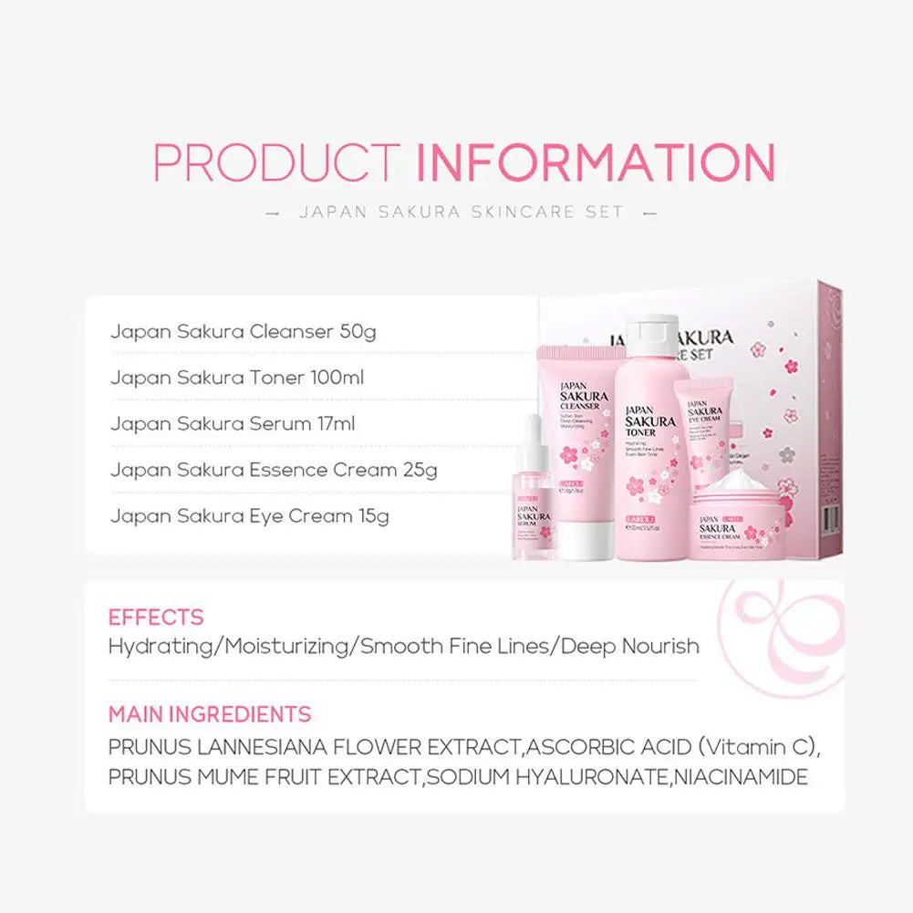 Sakura Lot de 5/3 soins pour le visage, sérum, tonique, nettoyant pour le visage, crème solaire, pour les yeux, coffret cadeau