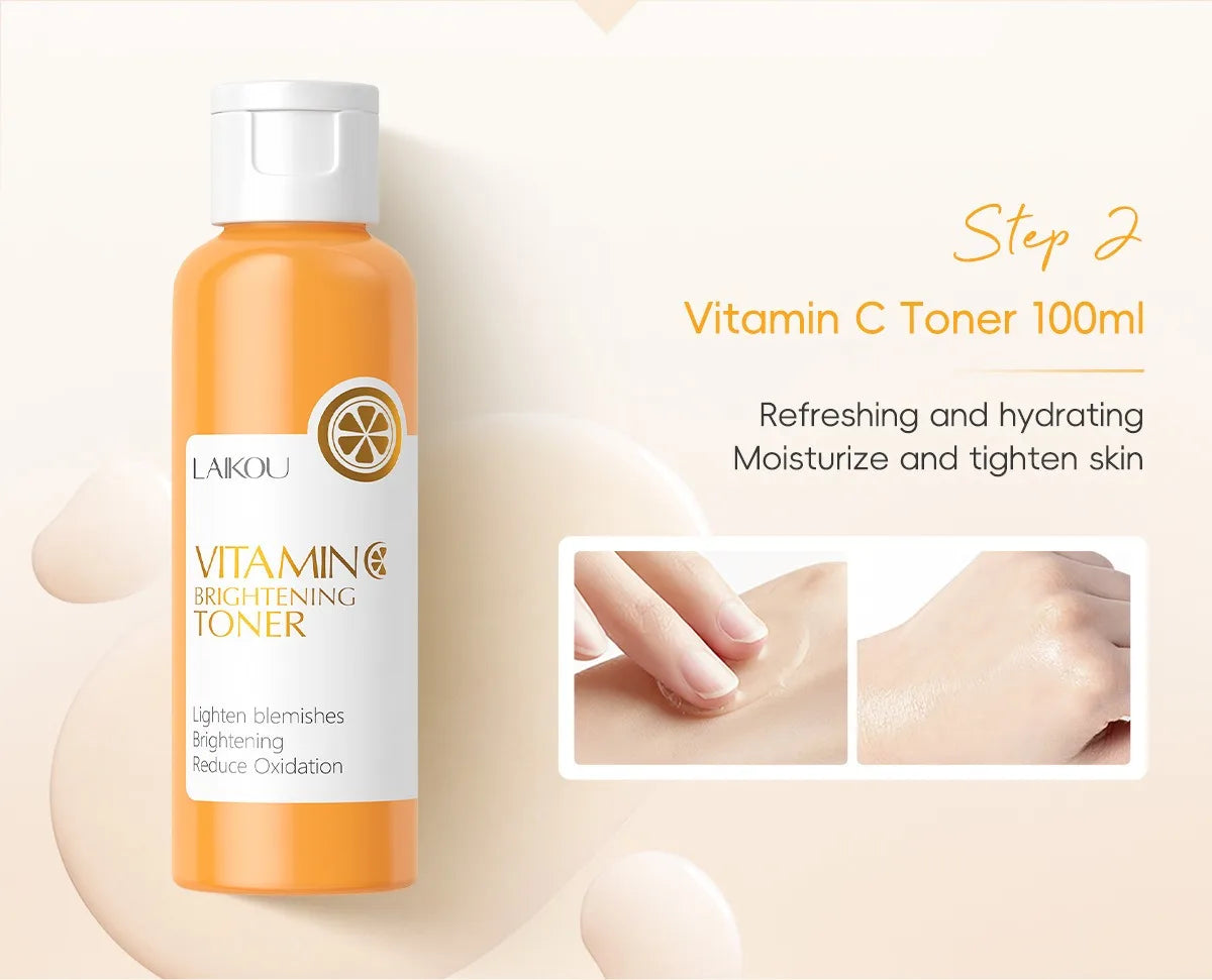 LAIKOU Ensemble de produits de soins de la peau de la série Vitamin C Ensemble de soins de la peau hydratante de 5 pièces Nettoyant Toner Essence Crème pour les yeux et crème pour le visage