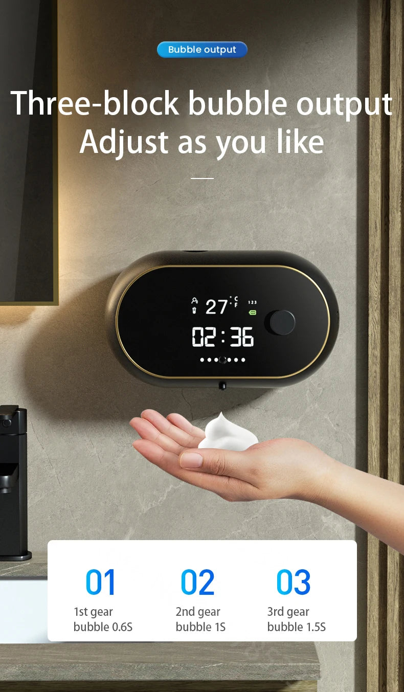 Distributeur automatique de savon en mousse sans contact Affichage de la température de l’heure Charge USB Distributeur de savon liquide à induction automatique étanche