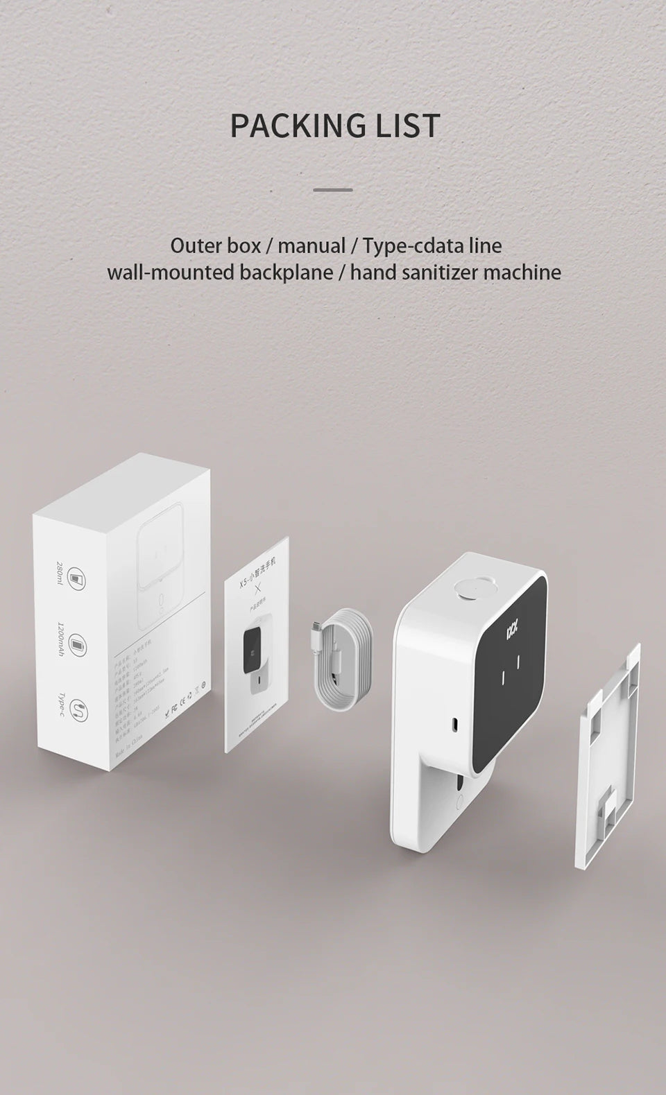 Distributeurs de savon liquide Rechargeable mural 280ML à réglage à trois vitesses Distributeur automatique de mousse Machine de désinfectant pour les mains