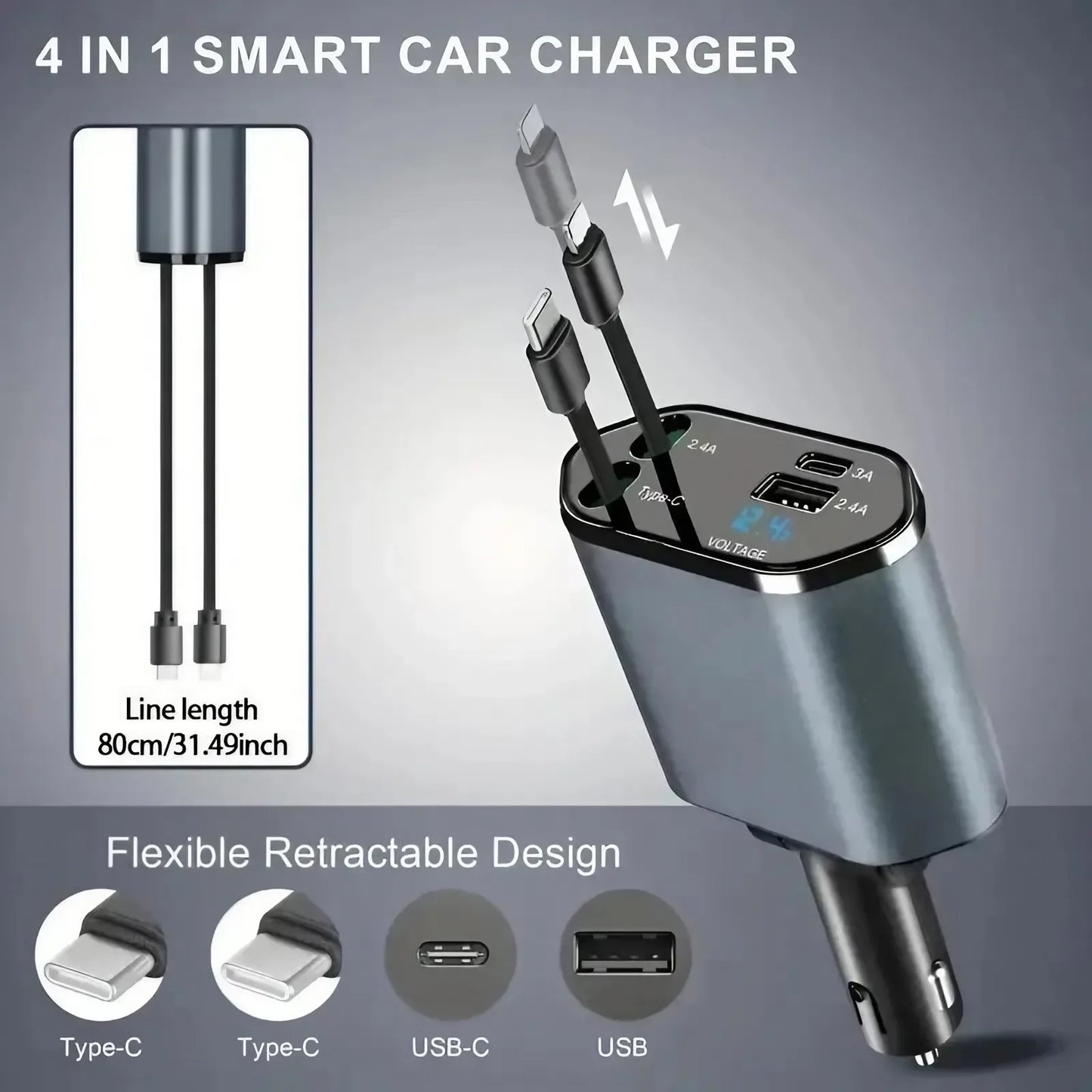 Chargeur de voiture rétractable 4 en 1 Chargeur de voiture à charge rapide avec câble USB de type C et 2 ports de charge de type C, chargeur de voiture universel