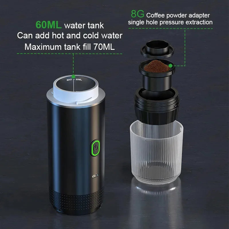 WiReless Machine à café expresso portable électrique pour voiture et maison Machine à café de camping 3-en-1 Capsule Powder Machine à café de voyage