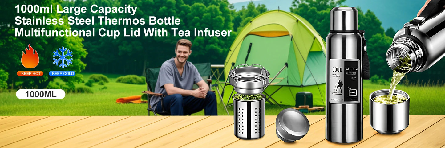 Bouteille thermos en acier inoxydable 1L, garde vos boissons chaudes ou froides – idéale pour eau, thé, café, avec flacon à vide performant.