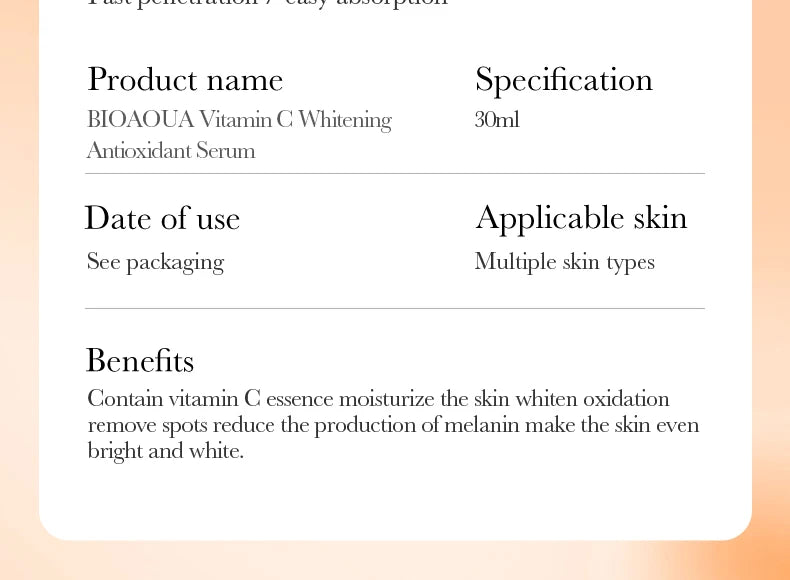 BIOAQUA – Sérum Visage Concentré à la Vitamine C, Rétinol & Acide Hyaluronique, Essence Anti-Âge Éclaircissante.