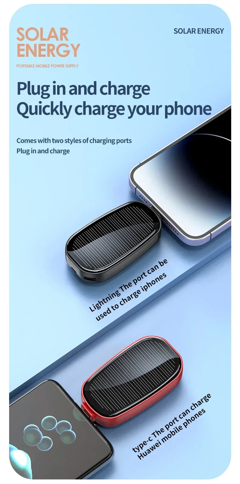Solar Mini Power Bank Porte-clés Chargeur portable Camping en plein air Batterie externe Puissance d’urgence 1200mah Powerbank pour Xiaomi