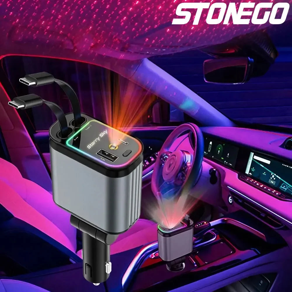 Chargeur de voiture rétractable 4 en 1 Chargeur de voiture à charge rapide avec câble USB de type C et 2 ports de charge de type C, chargeur de voiture universel