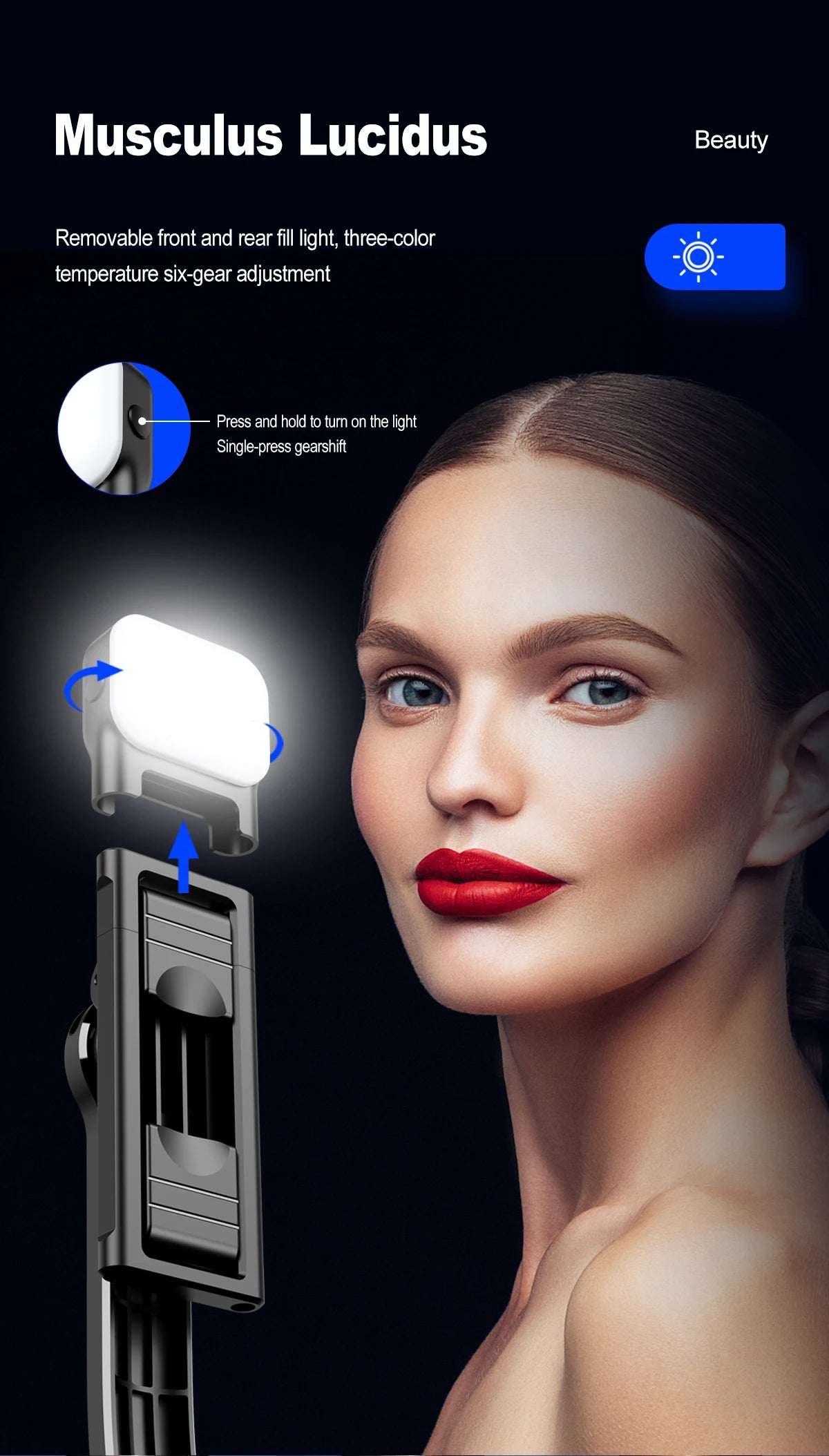 Trépied C01s Selfie Stick avec lumière de remplissage, monopode détachable de support de téléphone, télécommande Bluetooth sans fil pour Huawei iPhone Android