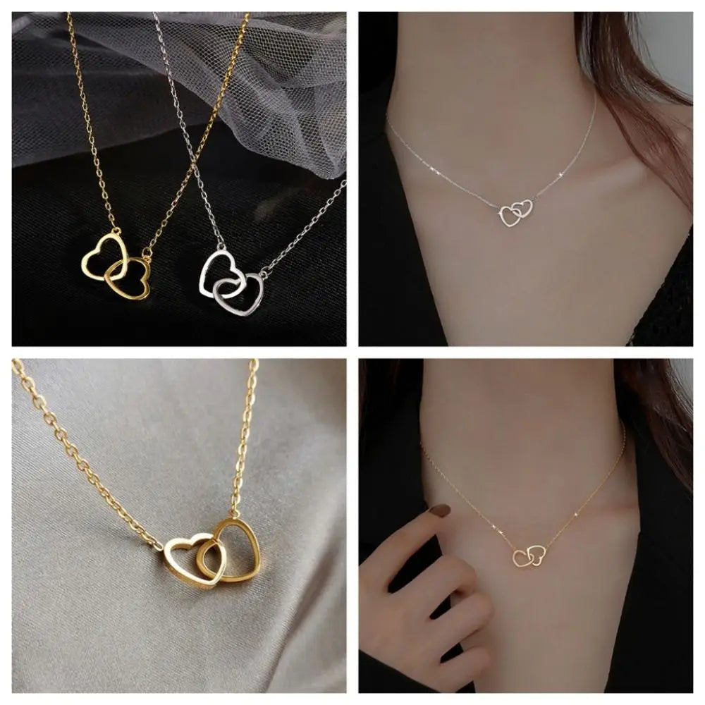 Fashion Alloy Love Drop Necklace Double Heart Light Weight Clavicle Choker Jewelry Simple Style Pendant Necklace