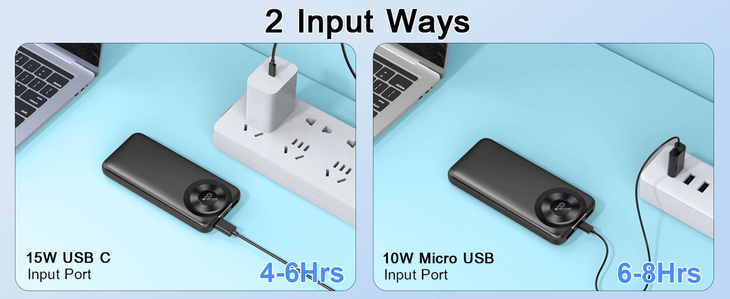 Chargeur portable 10000mAh, Power Bank de charge à grande vitesse avec câble intégré 5V/3A Slim Battery Pack, USB-C in&Out Powerbank.