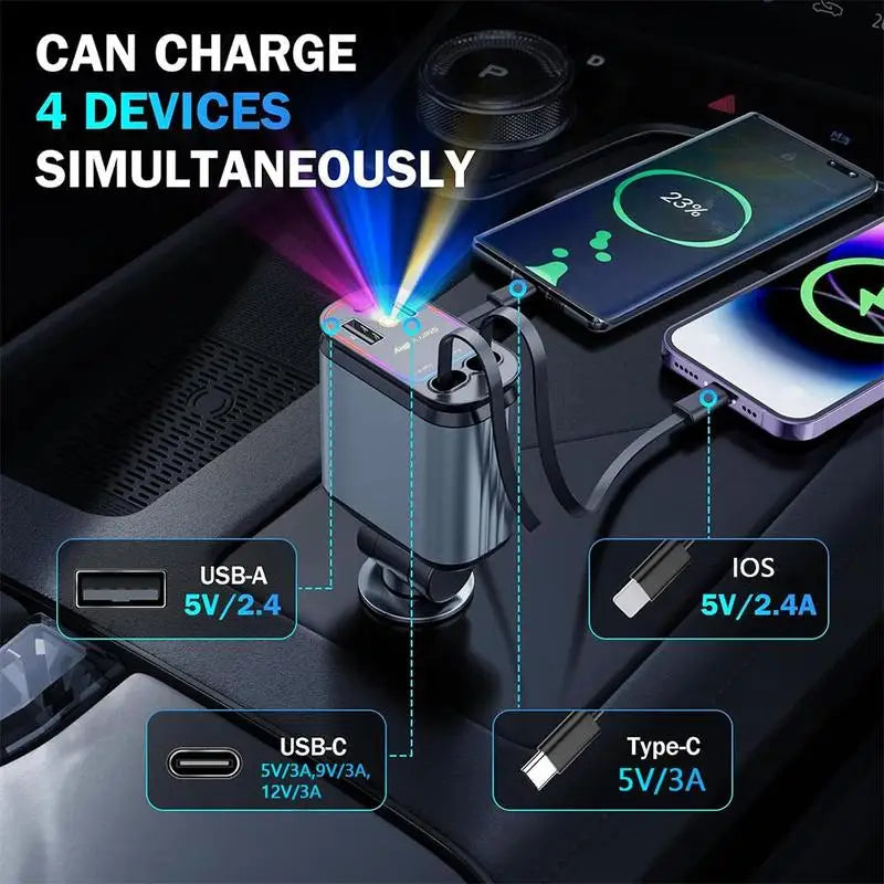 Chargeur de voiture 4 en 1 avec projecteur de ciel étoilé Chargeur de voiture rétractable avec câble de charge et 2 ports de charge, chargeur de voiture universel