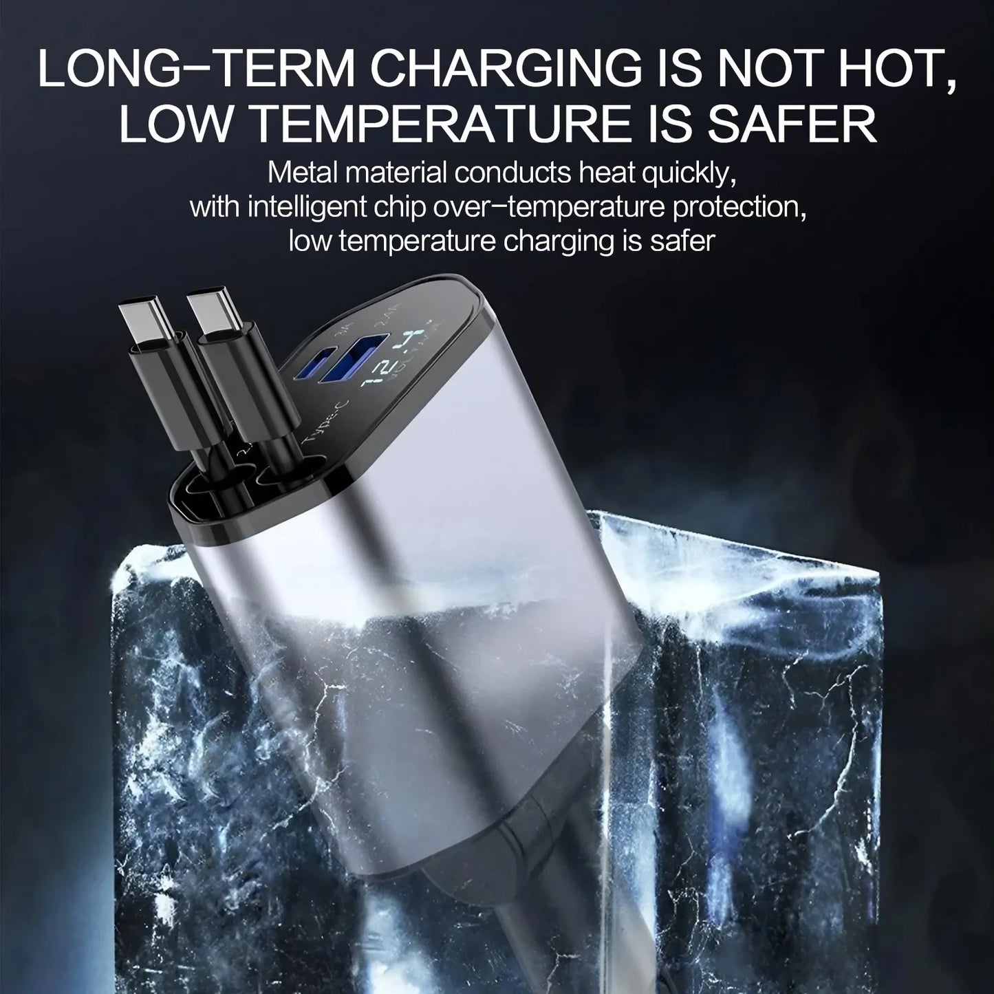 Chargeur de voiture rétractable 4 en 1 Chargeur de voiture à charge rapide avec câble USB de type C et 2 ports de charge de type C, chargeur de voiture universel