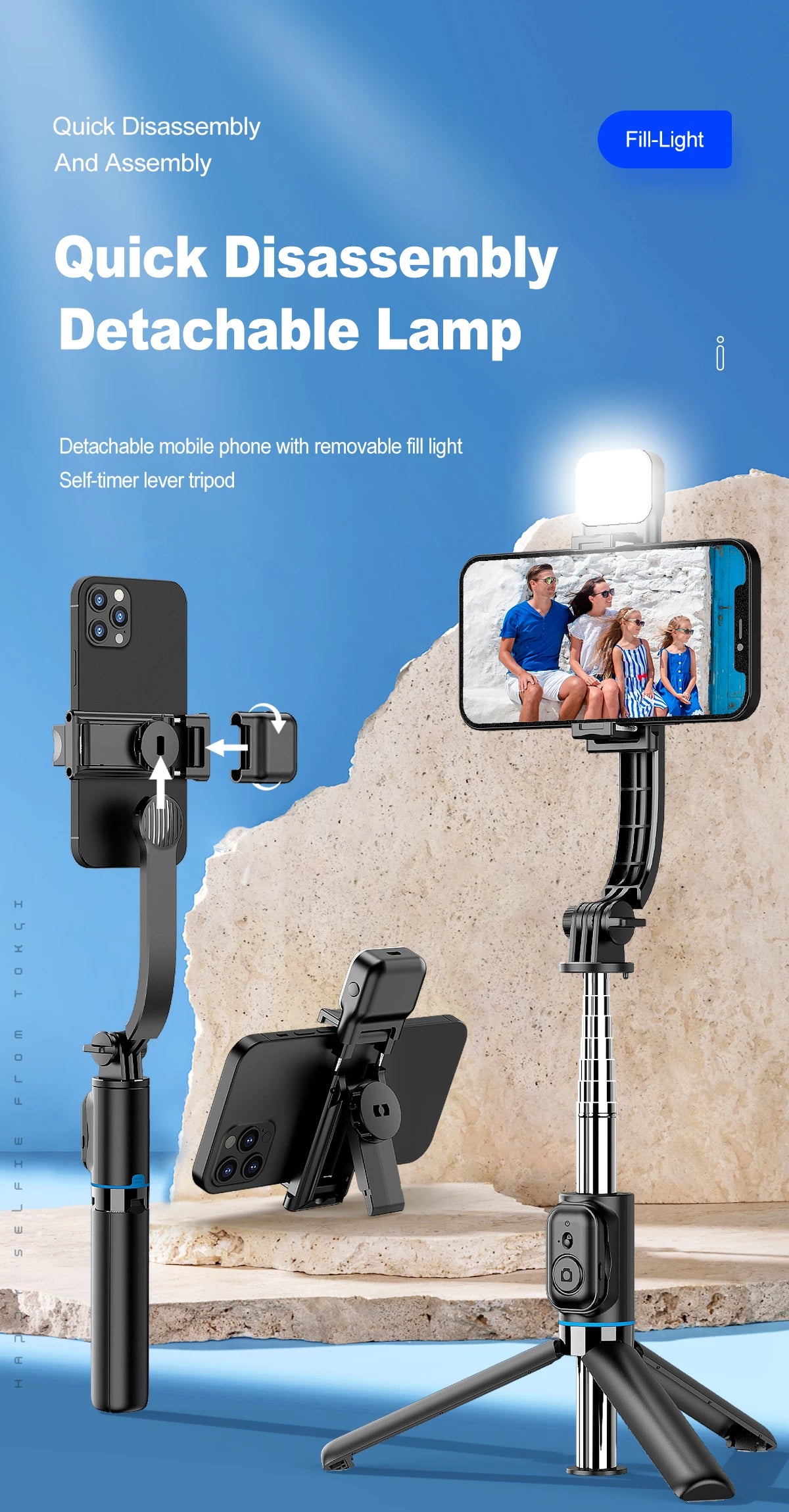 Trépied C01s Selfie Stick avec lumière de remplissage, monopode détachable de support de téléphone, télécommande Bluetooth sans fil pour Huawei iPhone Android