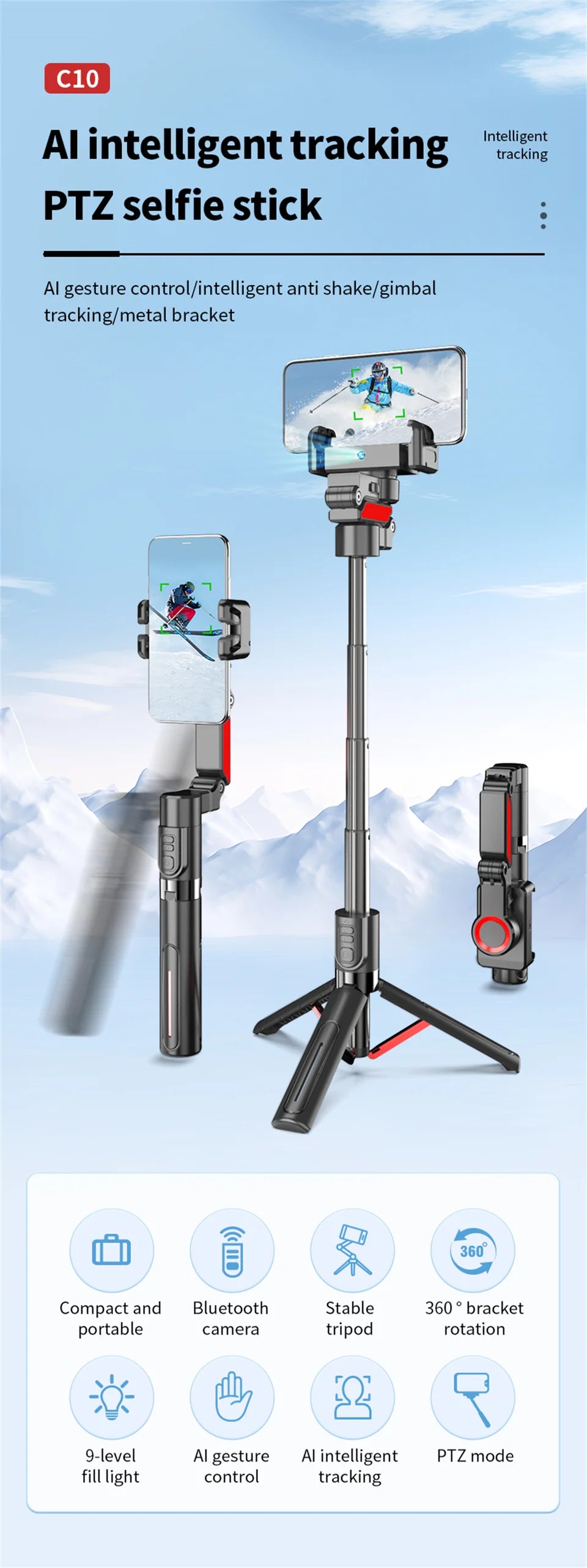 Stabilisateur d’intelligence 360 Rotation automatique Suivre le cardan, avec télécommande, selfie stabilisateur pour iPhone Android
