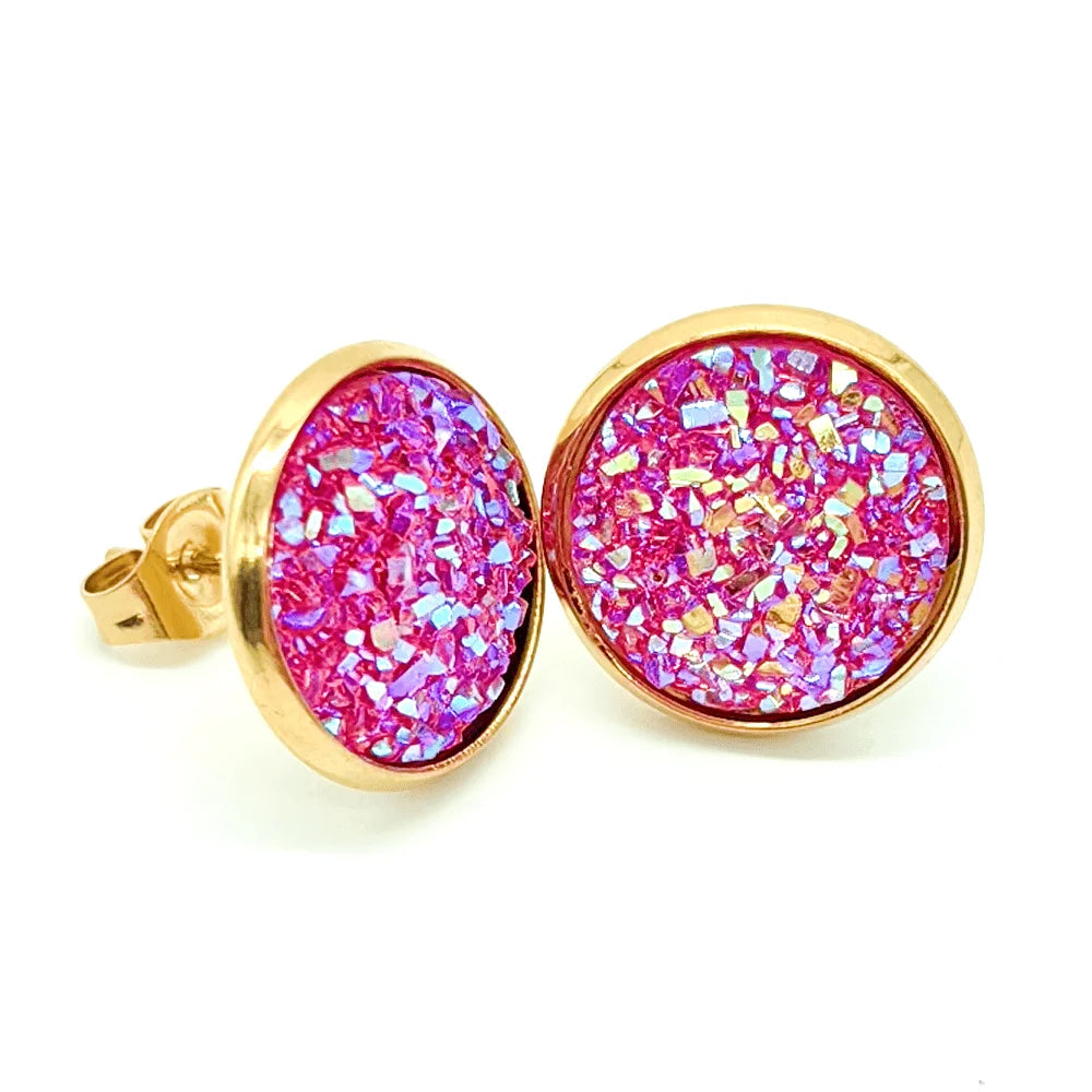 Gold Plated Artificial Druze Earrings for Women Teens,Stainless Steel Drusy Stone Stud Earring,Kpop Y2K Jewelry,Party Gifts