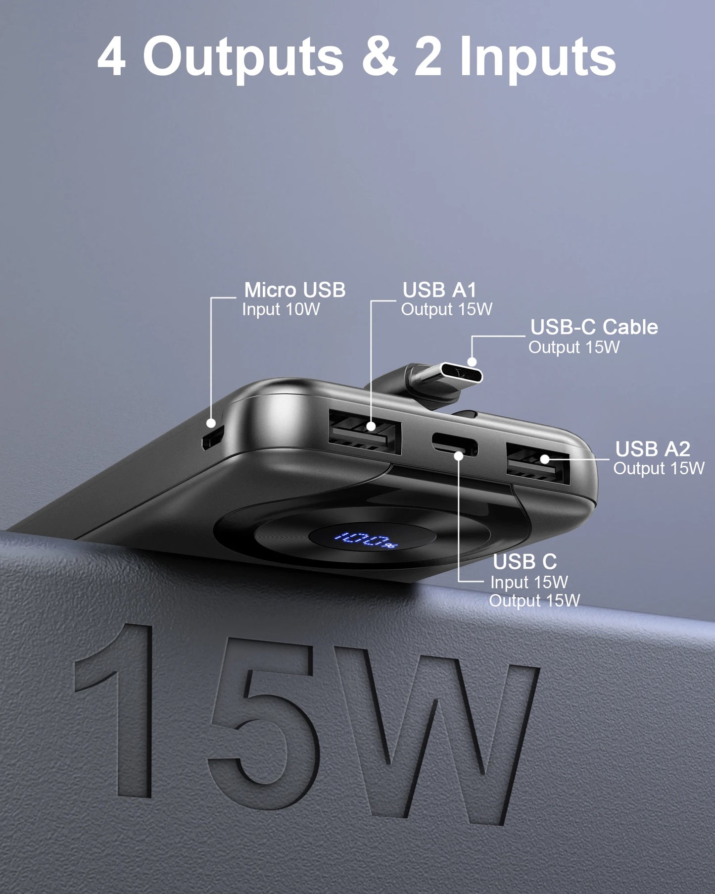 Chargeur portable 10000mAh, Power Bank de charge à grande vitesse avec câble intégré 5V/3A Slim Battery Pack, USB-C in&Out Powerbank.