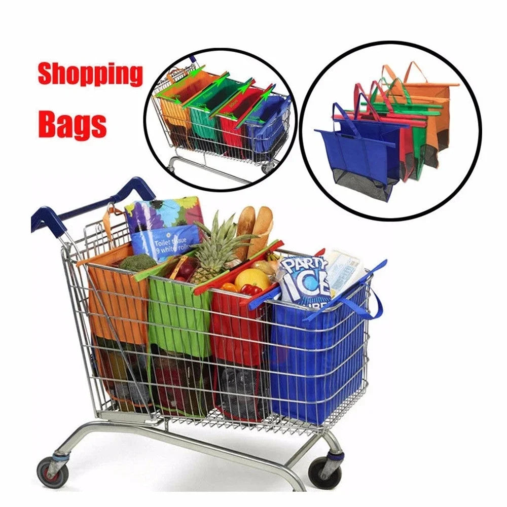 Pliable chariot avec sacs de rangement réutilisables colorés, remplis de fruits et légumes, pour des courses écologiques.