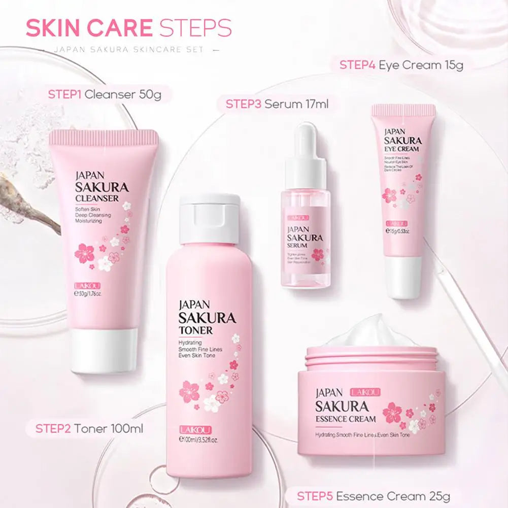 Sakura Lot de 5/3 soins pour le visage, sérum, tonique, nettoyant pour le visage, crème solaire, pour les yeux, coffret cadeau