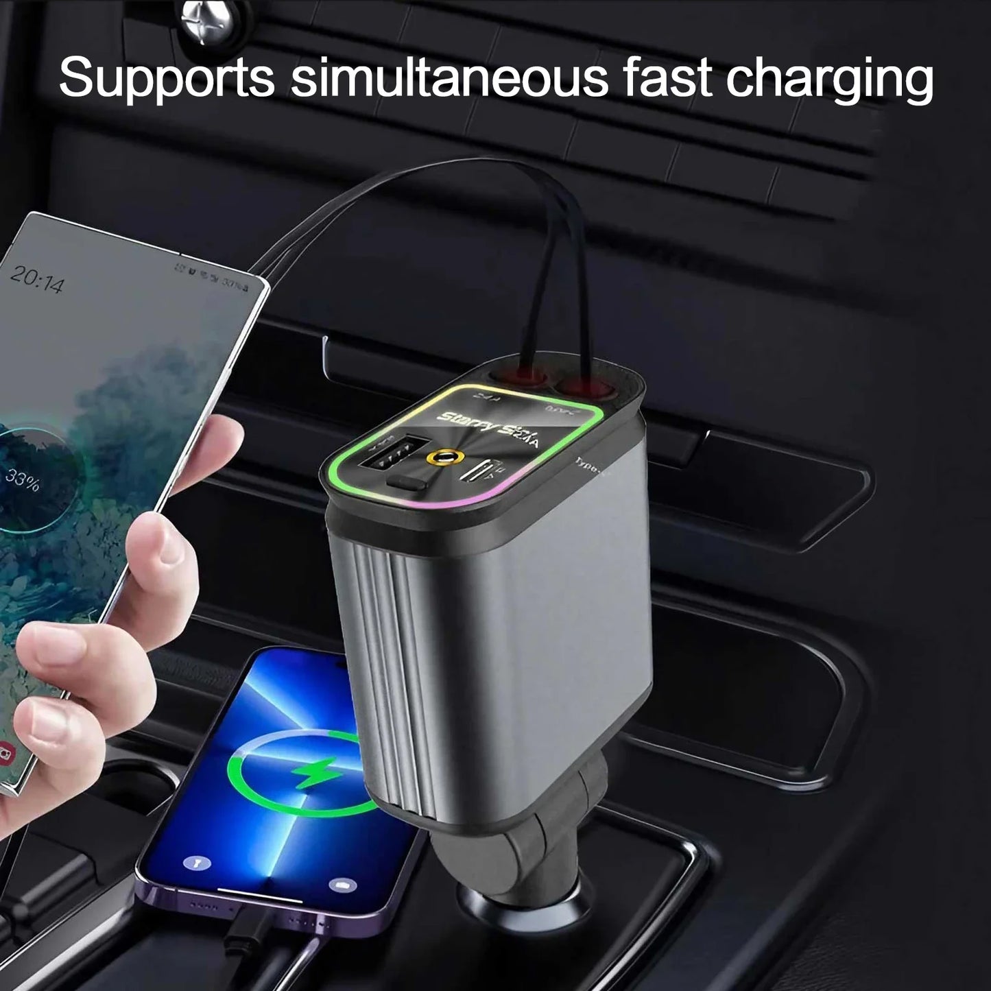 Chargeur de voiture rétractable 4 en 1 Chargeur de voiture à charge rapide avec câble USB de type C et 2 ports de charge de type C, chargeur de voiture universel