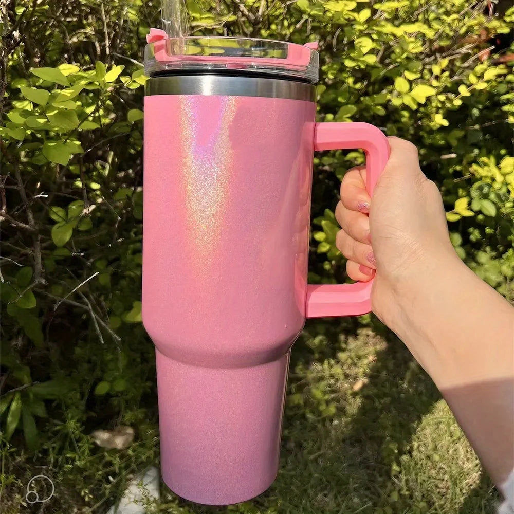 Tasse thermos en acier inoxydable de 40 oz avec couvercle à poignée et tasse de voyage en peinture arc-en-ciel isolée pour boissons chaudes et froides à l'extérieur
