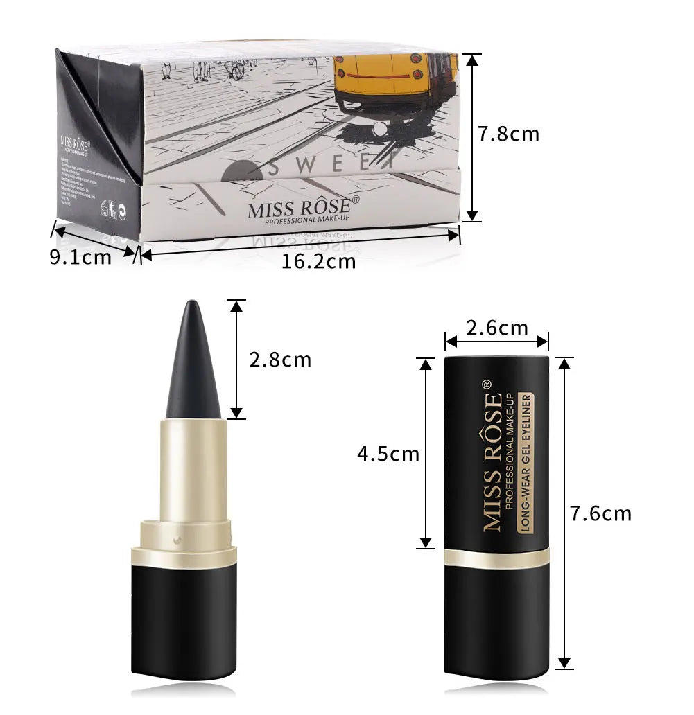Eyeliner imperméable à séchage rapide, mat à extrémité unique noir solide.
