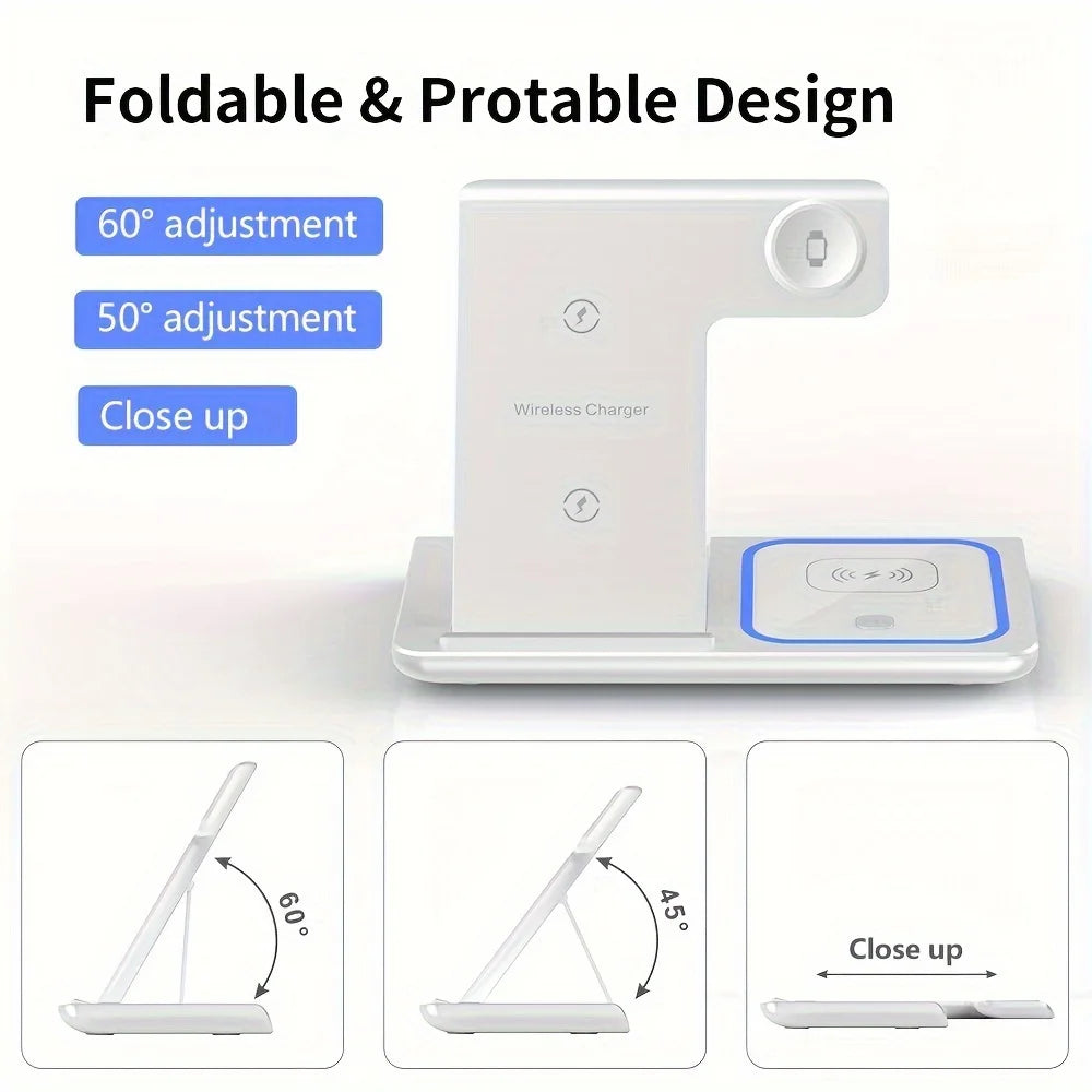 Chargeur sans fil 3 en 1 LED Light Support de téléphone pour iPhone 15 14 13 12 iWatch 8 7 6 AirPods Station de charge rapide pliable
