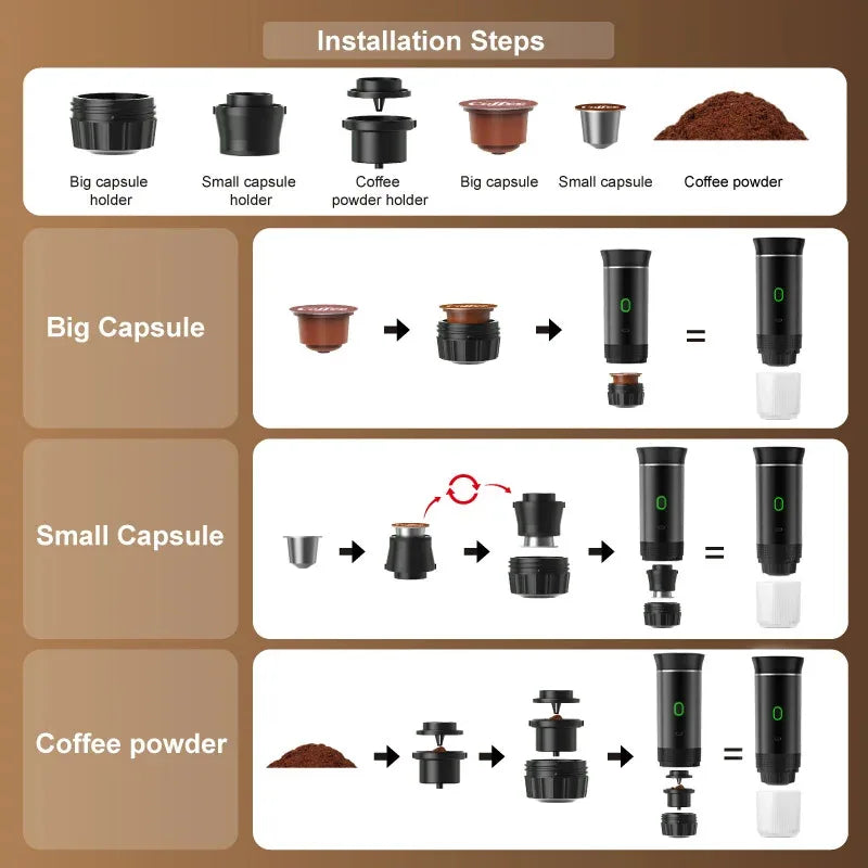 WiReless Machine à café expresso portable électrique pour voiture et maison Machine à café de camping 3-en-1 Capsule Powder Machine à café de voyage