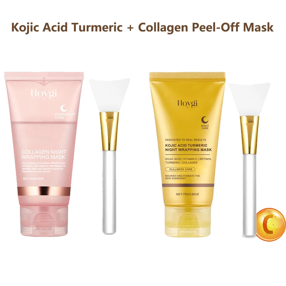 Duo de Masques Visage – Collagène Peel-Off & Nuit Curcuma Kojique, Anti-Âge.