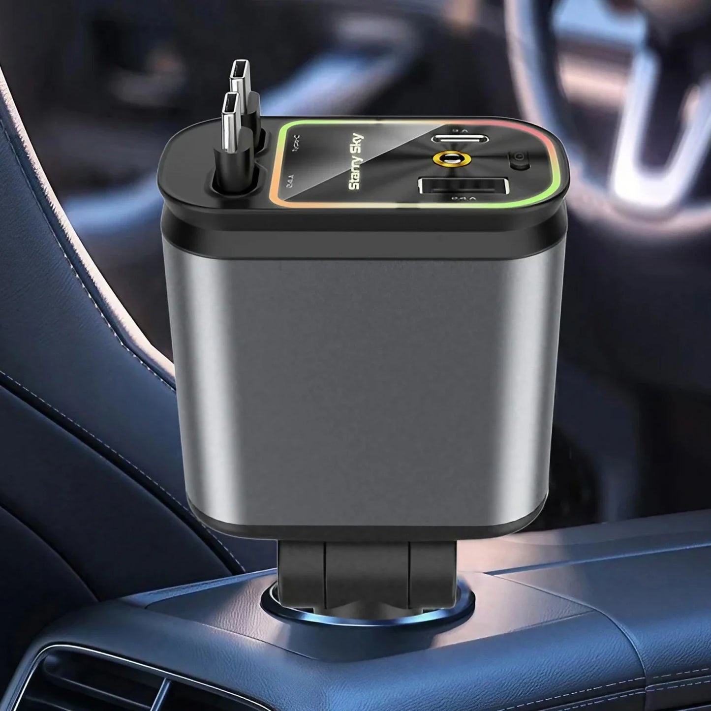 Chargeur de voiture rétractable 4 en 1 Chargeur de voiture à charge rapide avec câble USB de type C et 2 ports de charge de type C, chargeur de voiture universel