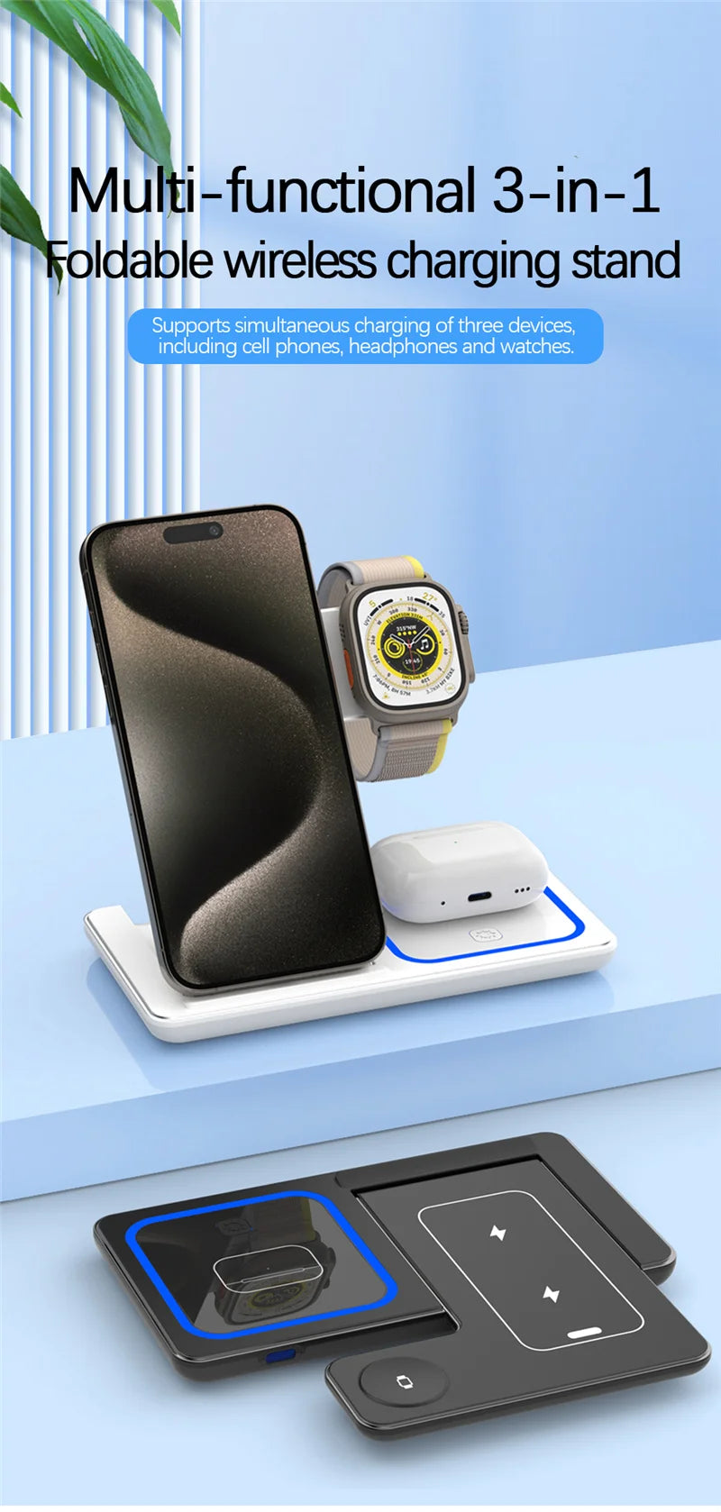 Support de chargeur sans fil pliable 3 en 1 pour iPhone 15 14 13 12 Pro Max Mini iWatch AirPods 3/2 Support de station de charge rapide
