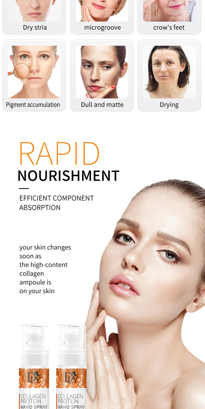 Masque de film protéiné de collagène nano hydrolysé Ensemble de pulvérisation de sérum pour le visage Réparation des rides Remplisseur de visage soluble Ensemble de soins de la peau éclaircissant