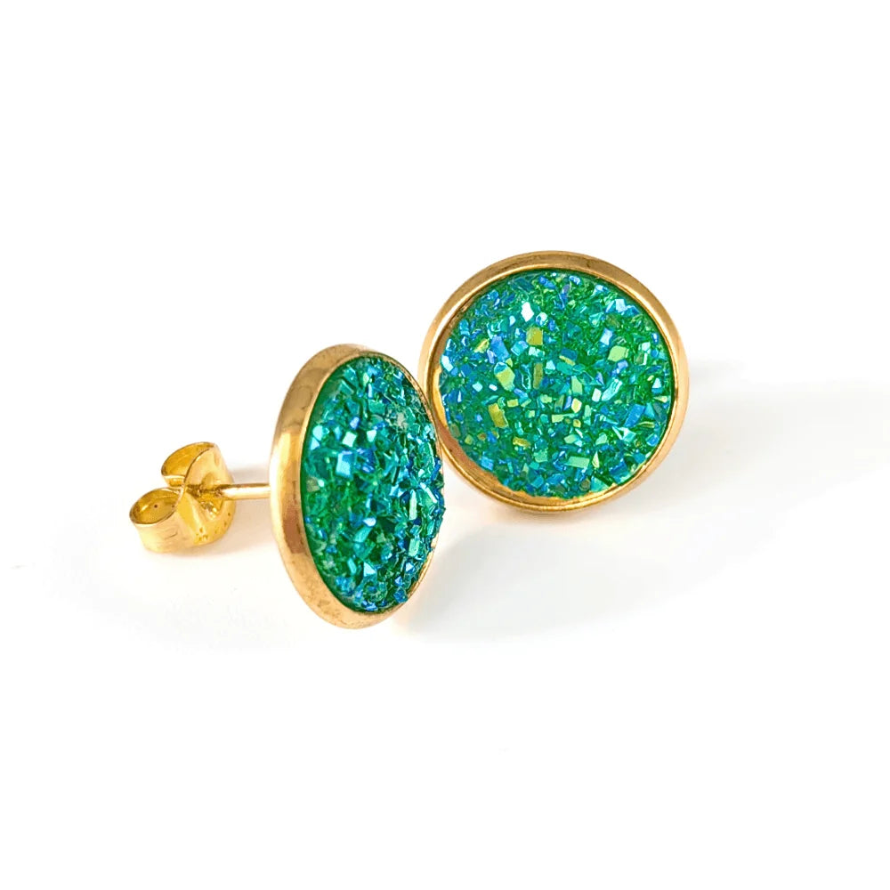 Gold Plated Artificial Druze Earrings for Women Teens,Stainless Steel Drusy Stone Stud Earring,Kpop Y2K Jewelry,Party Gifts