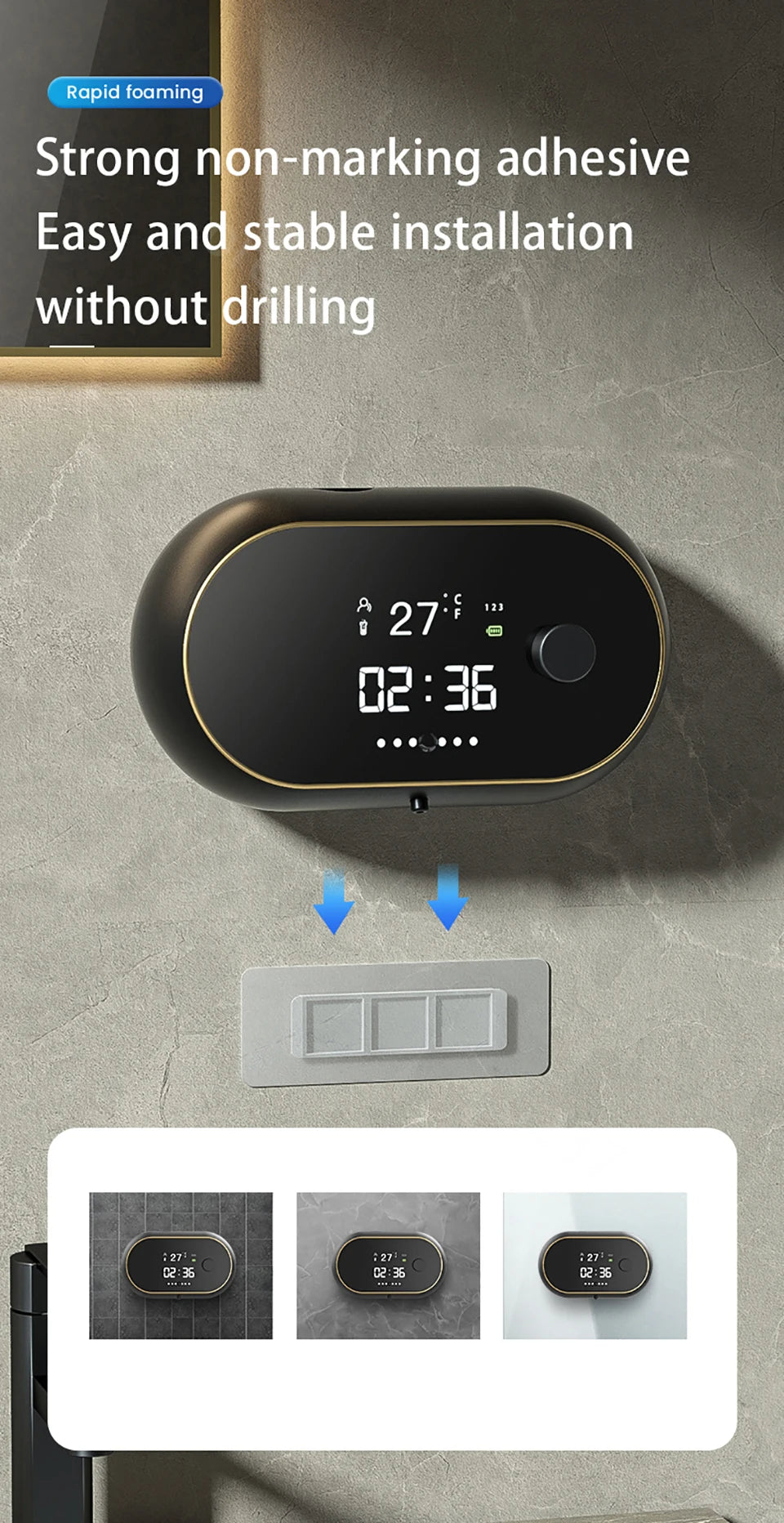Distributeur automatique de savon en mousse sans contact Affichage de la température de l’heure Charge USB Distributeur de savon liquide à induction automatique étanche