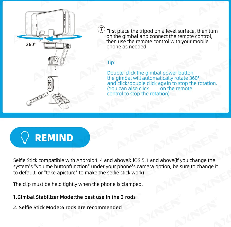 Rotation à 360° suivant le mode de prise de vue Stabilisateur de cardan Selfie Stick Trépied pour iPhone.