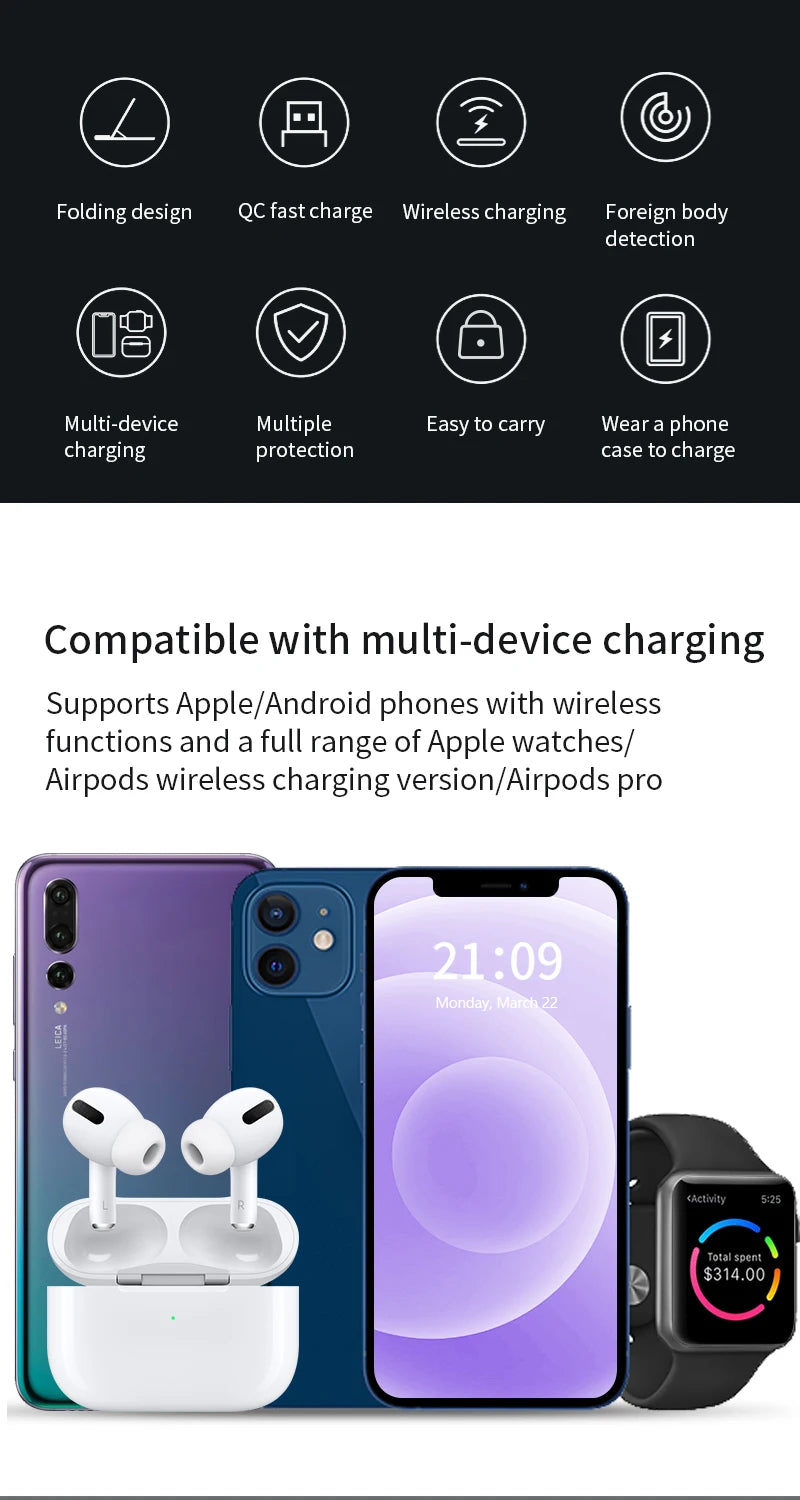 Chargeur sans fil 3 en 1 LED Light Support de téléphone pour iPhone 15 14 13 12 iWatch 8 7 6 AirPods Station de charge rapide pliable