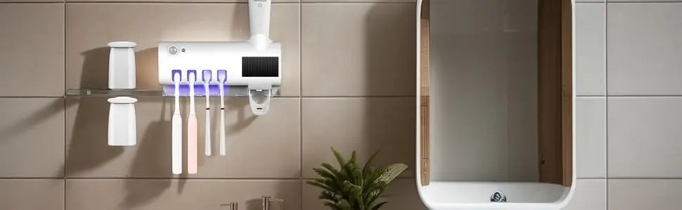 Wall mounted toothpaste dispenser with 4 toothbrush slots, toothbrush cleaning rack, bathroom accessories, no drilling required