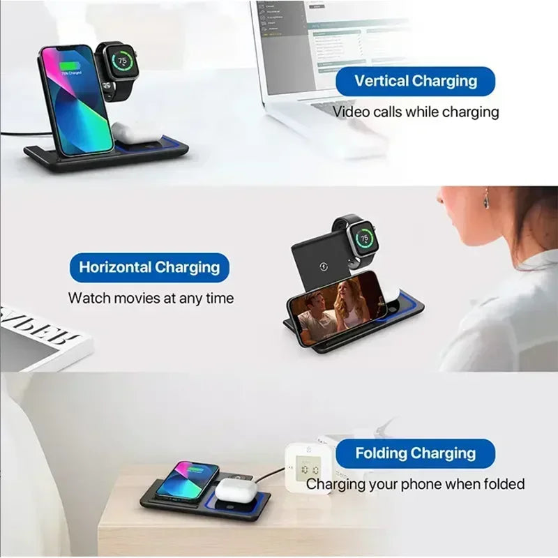 Chargeur sans fil 3 en 1 LED Light Support de téléphone pour iPhone 15 14 13 12 iWatch 8 7 6 AirPods Station de charge rapide pliable