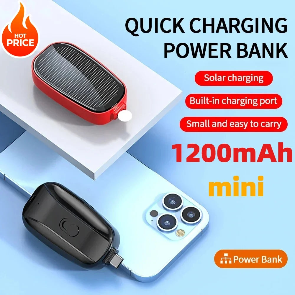Solar Mini Power Bank Porte-clés Chargeur portable Camping en plein air Batterie externe Puissance d’urgence 1200mah Powerbank pour Xiaomi