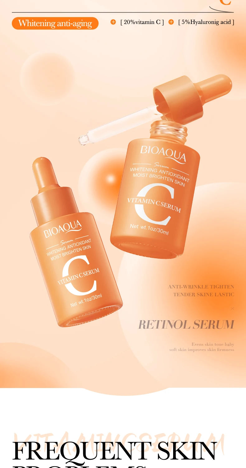 BIOAQUA – Sérum Visage Concentré à la Vitamine C, Rétinol & Acide Hyaluronique, Essence Anti-Âge Éclaircissante.
