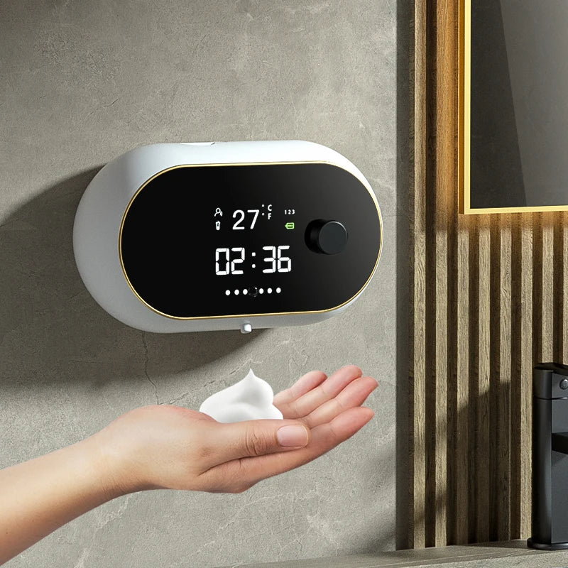 Distributeur automatique de savon en mousse sans contact Affichage de la température de l’heure Charge USB Distributeur de savon liquide à induction automatique étanche